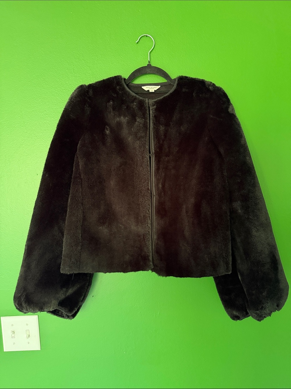 Max Studio Black Faux Fur Bomber Jacket